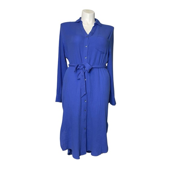 magaschoni Gauze Midi Dress‎ Women Sz M 100% Organic Cotton Belted Button Front - Picture 2 of 10